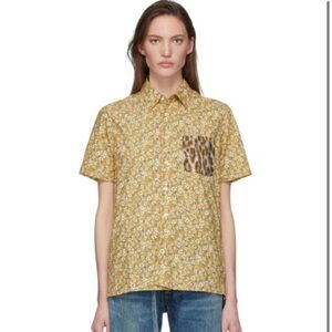 R13 Yellow Floral and Leopard Cotton Tony Button Down Shirt, Unisex Size Small